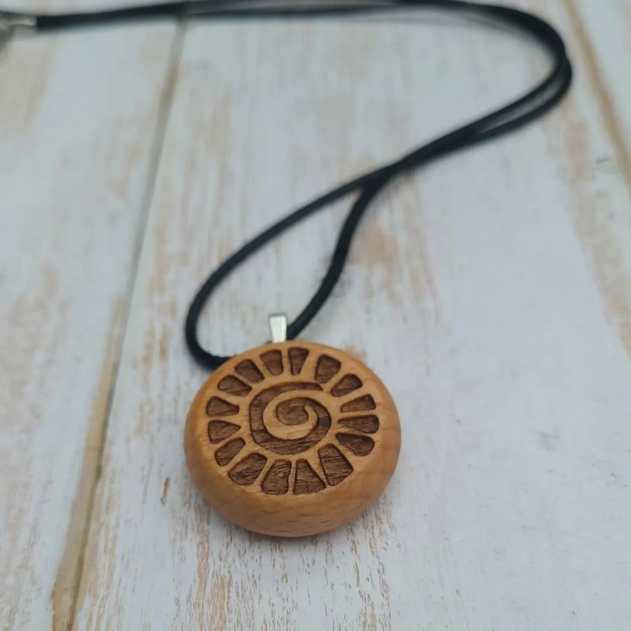 Sun Spiral Pendant Beechwood - Solar Symbol Necklace - Energy & Renewal Jeweller