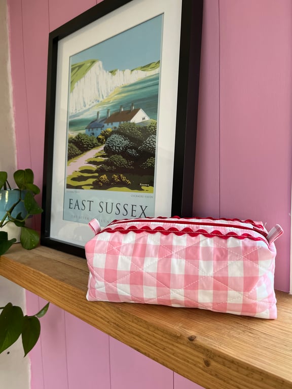 Quilted pink gingham make up bag with red ricrac & pink lining 