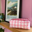 Quilted pink gingham make up bag with red ricrac & pink lining 