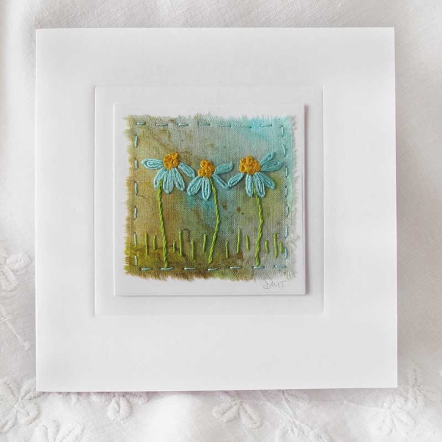 HAND EMBROIDERED GREETINGS CARD SUMMER FLOWERS