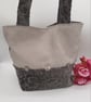 Silver and Ash grey chenille handbag with decorative buttons.  - Image 1
