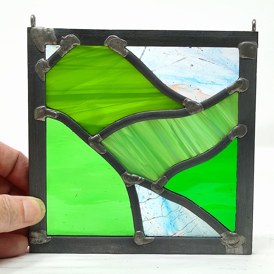 SOLD stained glass mountain landscape, small summer green leaded panel