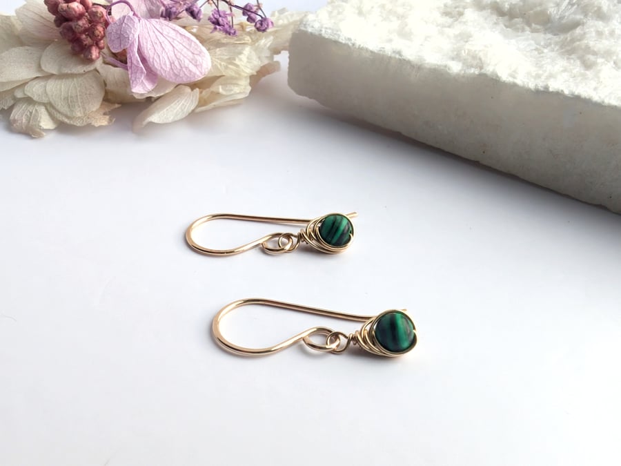 MALACHITE Dainty Wire Wrapped Earrings Sterling Silver or 14K Gold Filled