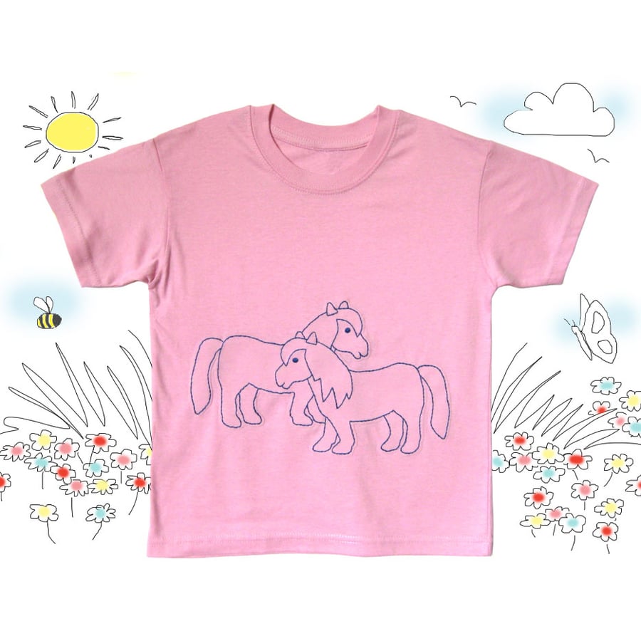 One-of-a-kind 5-6y Hand Sewn Appliqué Pink Ponies T-shirt for Pony Lovers!