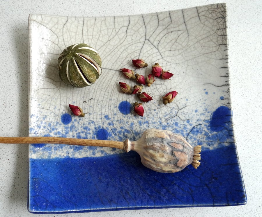 Square Raku Dish in Blue and Cream - Handmade Pottery
