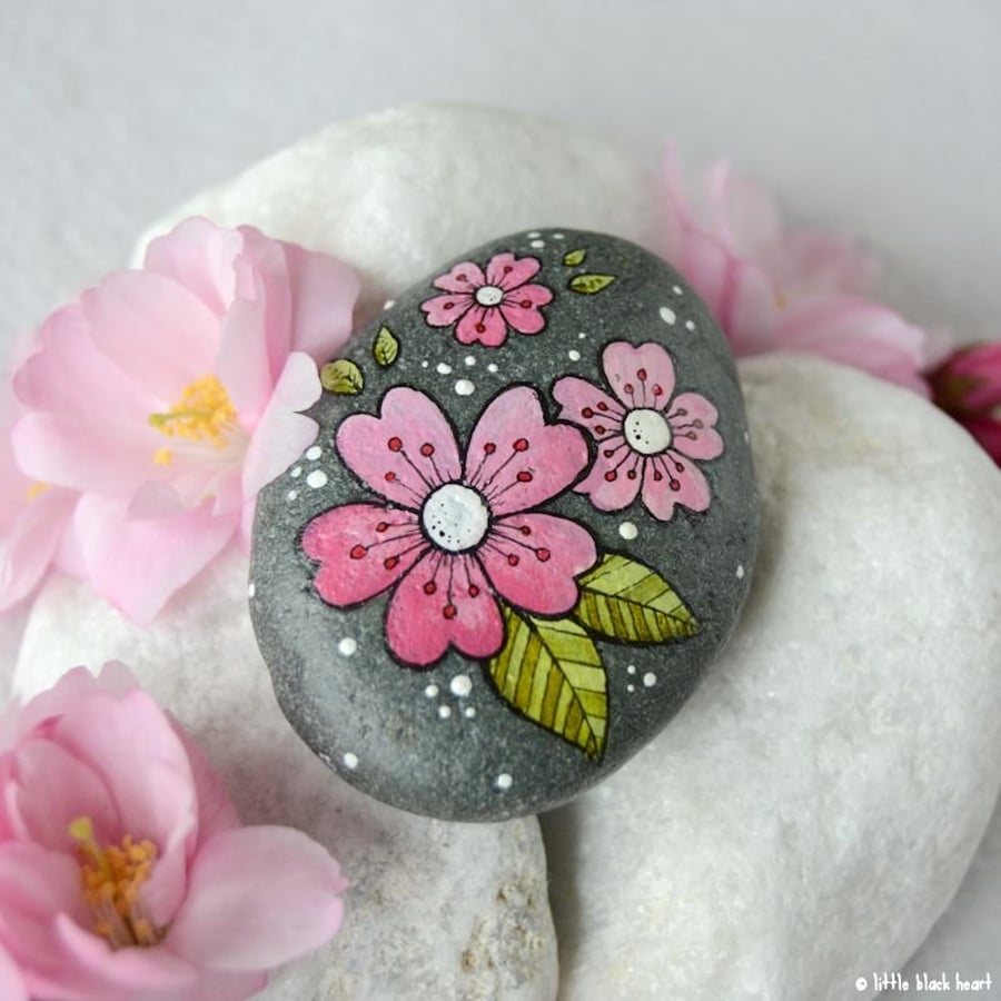cherry blossom - painted pebble
