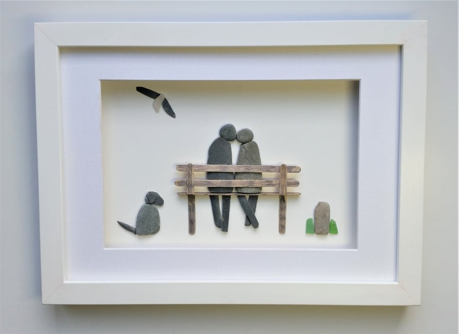 Pebble Art Couple on Bench, Engagement Gift, Anniversary Gift, Made in Cornwall
