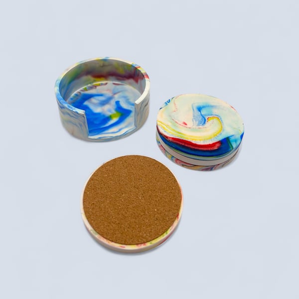 Handmade colourful coaster set of four with holder – marbled round table coaster
