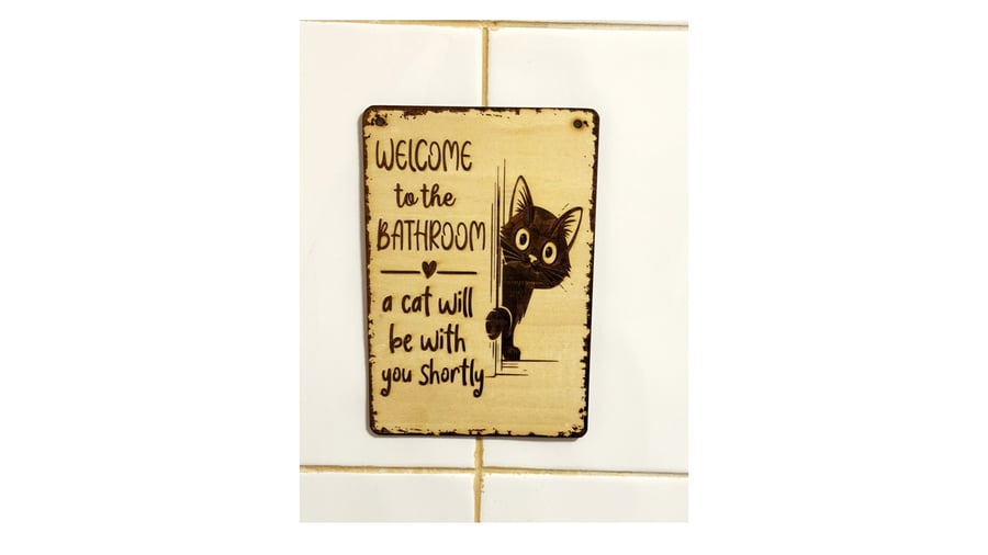 Funny Cat Bathroom Sign – Laser Engraved Basswood Wall Plaque (180 x 130mm)