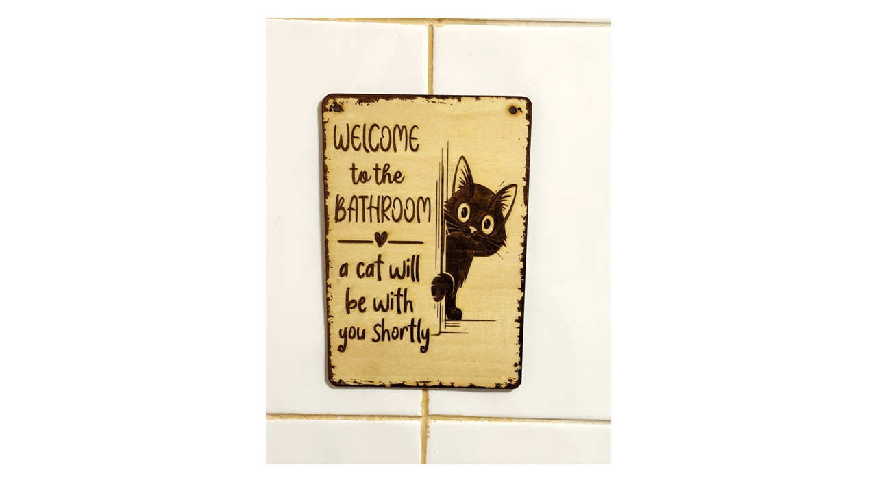 Funny Cat Bathroom Sign – Laser Engraved Basswood Wall Plaque (180 x 130mm)