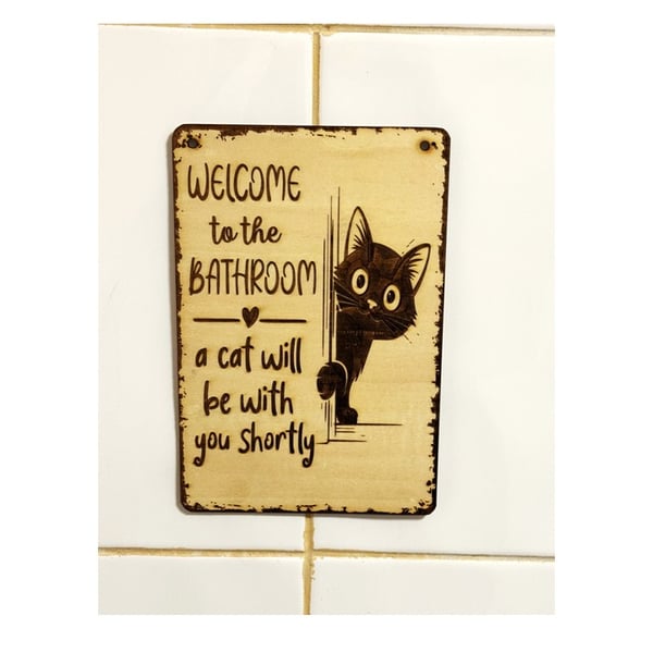 Funny Cat Bathroom Sign – Laser Engraved Basswood Wall Plaque (180 x 130mm)