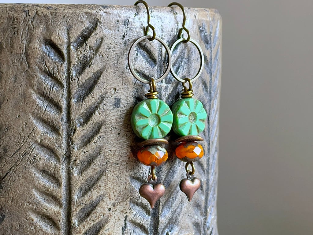 Green & Orange Czech Glass Earrings with Copper Heart Charms. Bohemian Jewellery