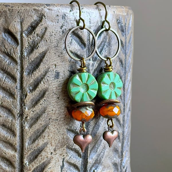 Green & Orange Czech Glass Earrings with Copper Heart Charms. Bohemian Jewellery