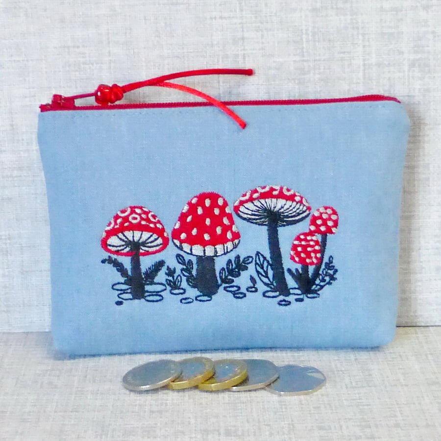 Large purse, coin purse, denim purse, make up bag, mushrooms