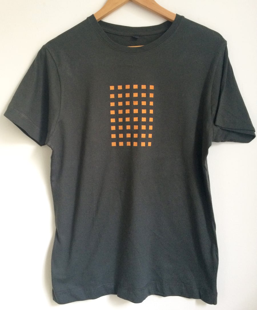 SALE Geo mens printed T shirt charcoal grey and orange