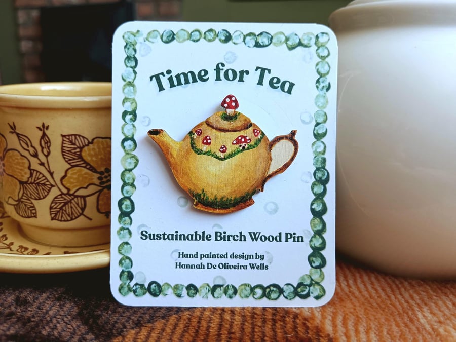 Cosy Cottagecore Wooden Pin - Mushroom Teapot Hygge Accessory
