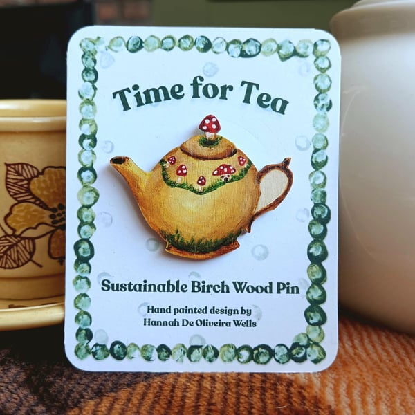 Cosy Cottagecore Wooden Pin - Mushroom Teapot Hygge Accessory