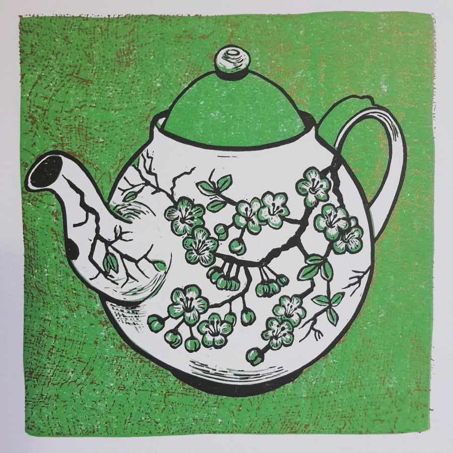 Teapot linoprint Teatime green