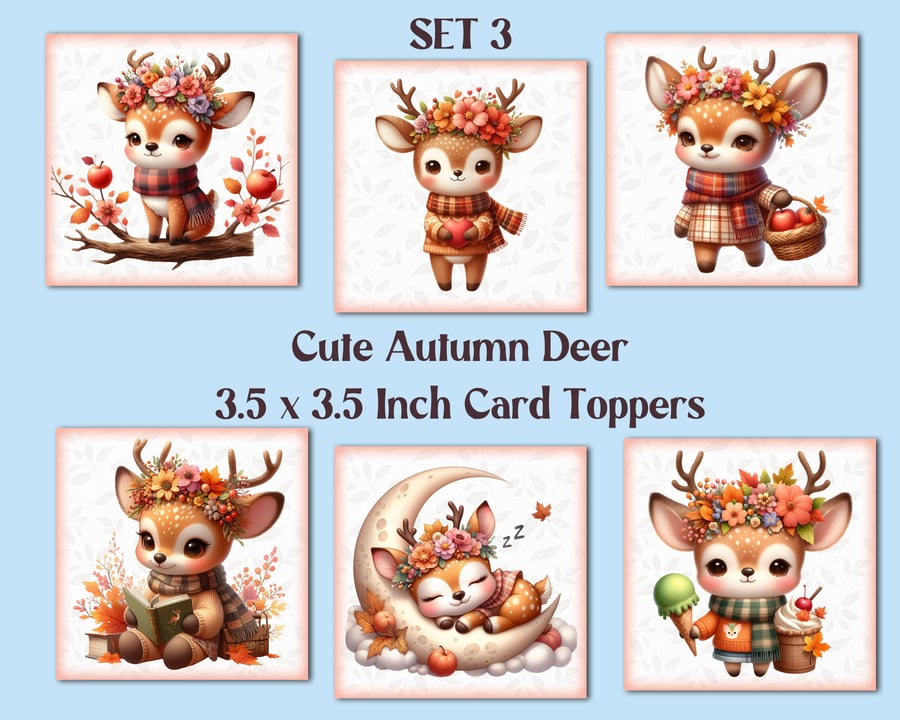 Cute Autumn Deer Square Card Toppers for Card Making, Tags