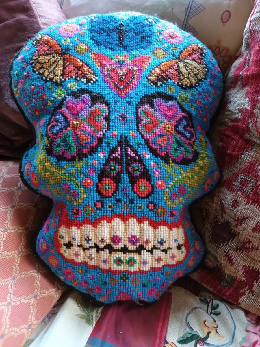 Tapestry Kit, Sugar Skull Cushion With Butterflies, Needlepoint