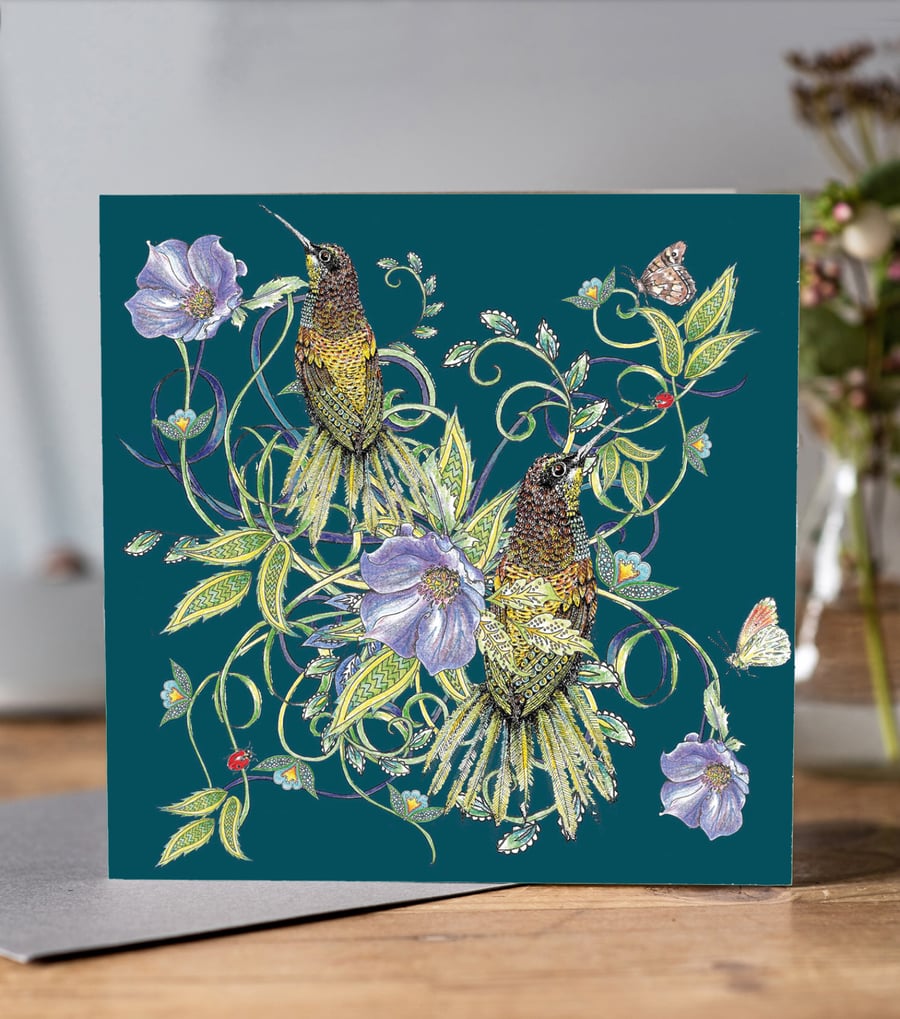 Bird and Flowers teal greeting card 