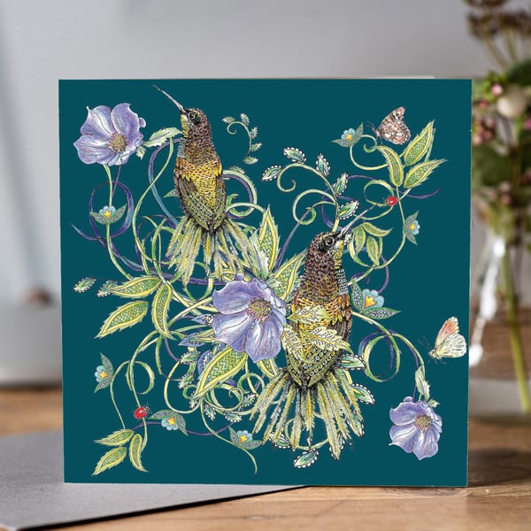Bird and Flowers teal greeting card 