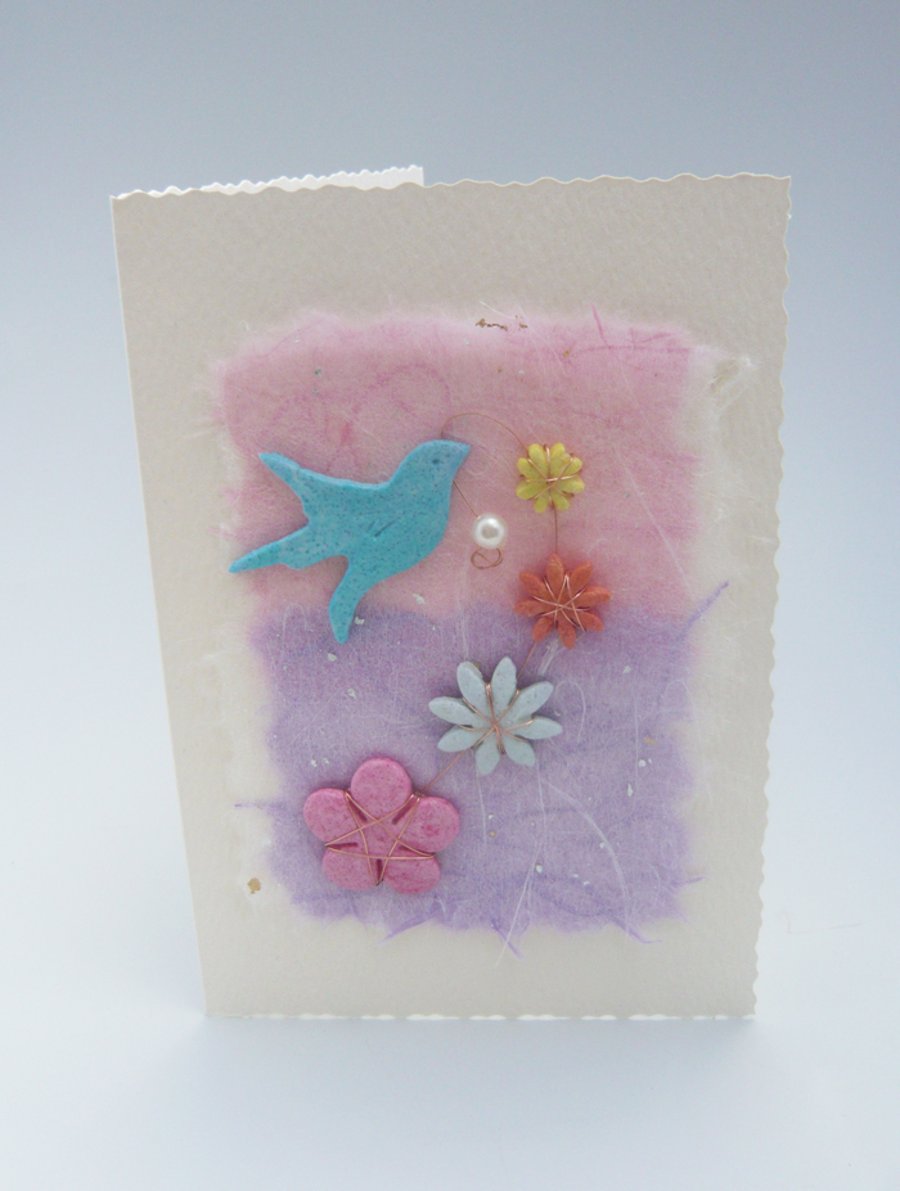 Handmade Birthday card with Blue bird and flowers. 