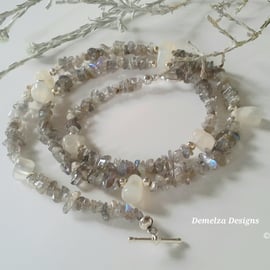 Dainty Labradorite & White Moonstone Drops Silver Plate Necklace