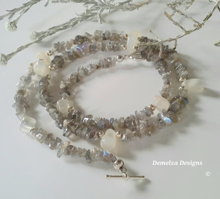 Dainty Labradorite & White Moonstone Drops Silver Plate Necklace