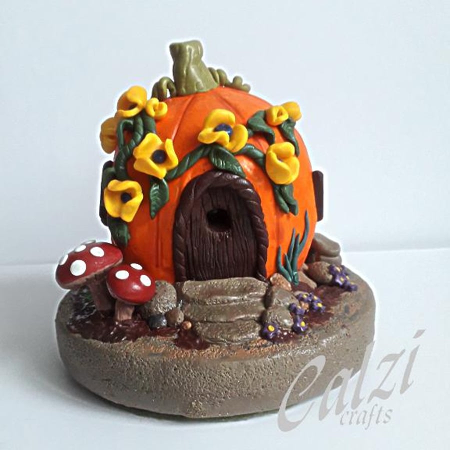 Polymer Clay Pumpkin Fairy House With Lights