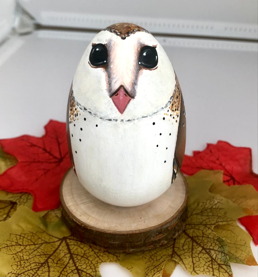 Barn owl hand painted wooden egg ornament 