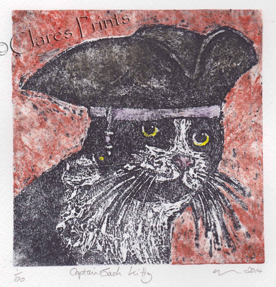 Captain Jack Kitty Cat Art Limited Edition Hand-Pulled Collagraph Print Coloured