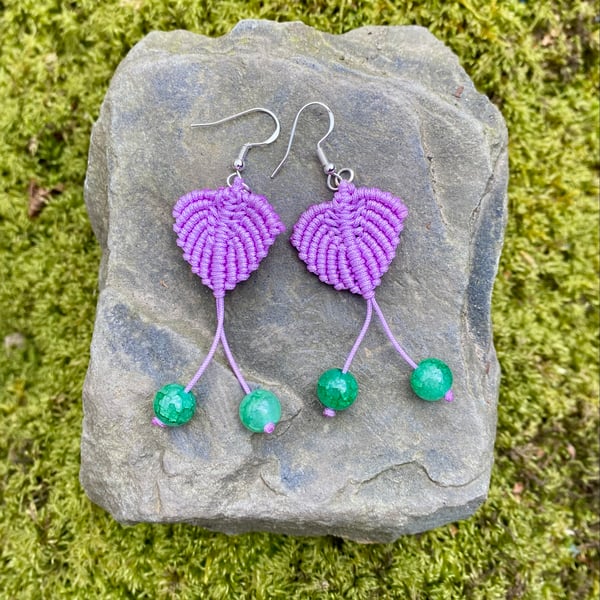 Lilac leaf drop macrame earrings