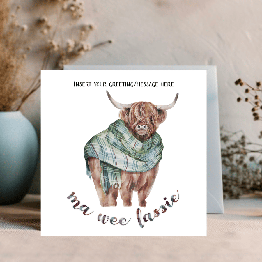 Scottish Theme Highland Cow - Coo Greetings Card can be personalised 