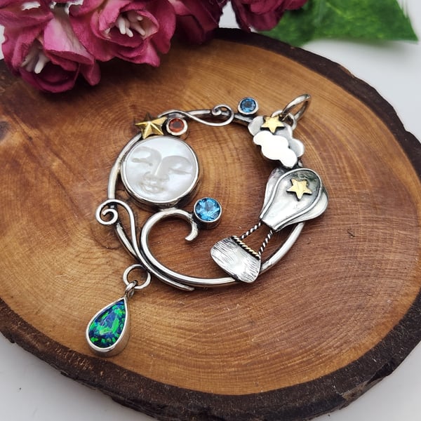 Moonlit Voyage Sterling Silver Hot Air Balloon Celestial Pendant