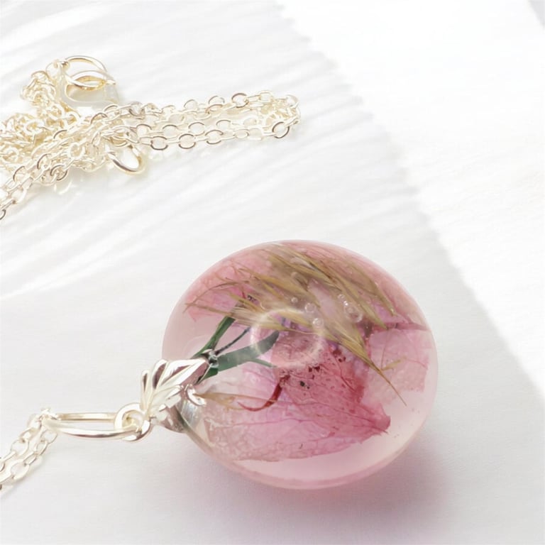 Pink Real Flower Resin Necklace, Delicate Floral Jewellery Gift For Her