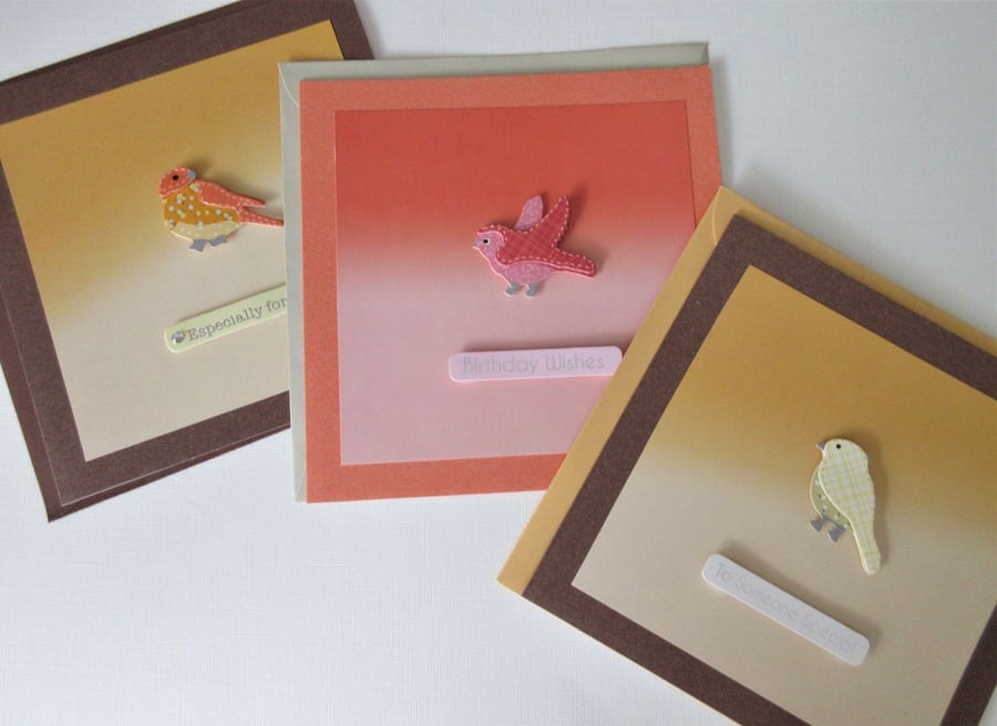 SALE 3 x Bird Themed Greetings Cards Blank Happy Birthday etc