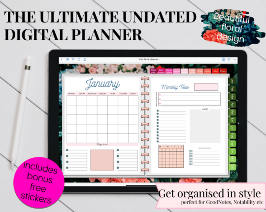 Pretty Floral Undated Digital Hyperlinked Planner iPad Goodnotes Noteability