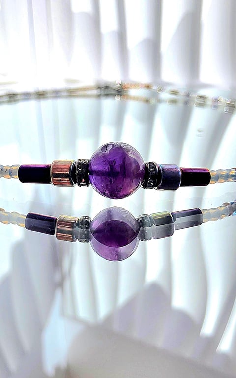 Handmade Amethyst Seed Bead Necklace Minimalist Choker, UK Crafted
