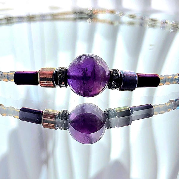 Handmade Amethyst Seed Bead Necklace Minimalist Choker, UK Crafted