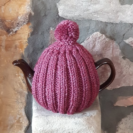 Small Tea Cosy for 2 Cup Tea Pot, Dark Heather Pink, Hand Knitted