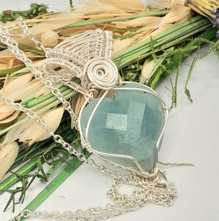 Aquamarine Silver Plated Wire Wrapped Necklace