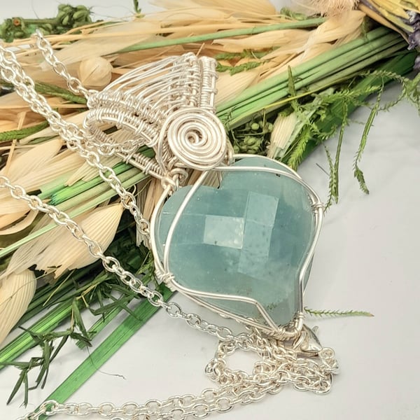 Aquamarine Silver Plated Wire Wrapped Necklace