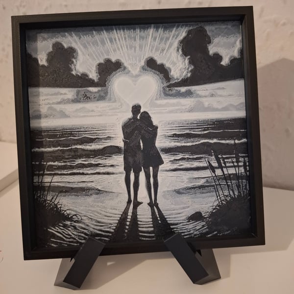 Couple at Sunset Heart 3D HueForge Print - 6 x 6 Inch - Framed 
