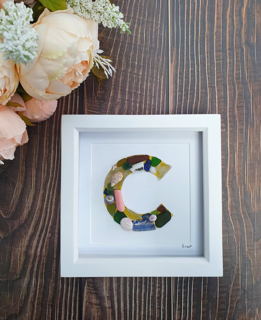 Sea glass, sea pottery and seashells monogram C