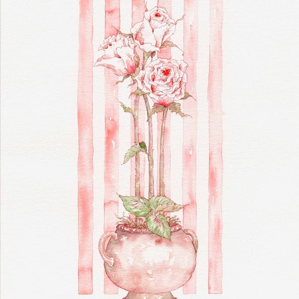 Pink rosebuds in a shabby chic pot original watercolour painting
