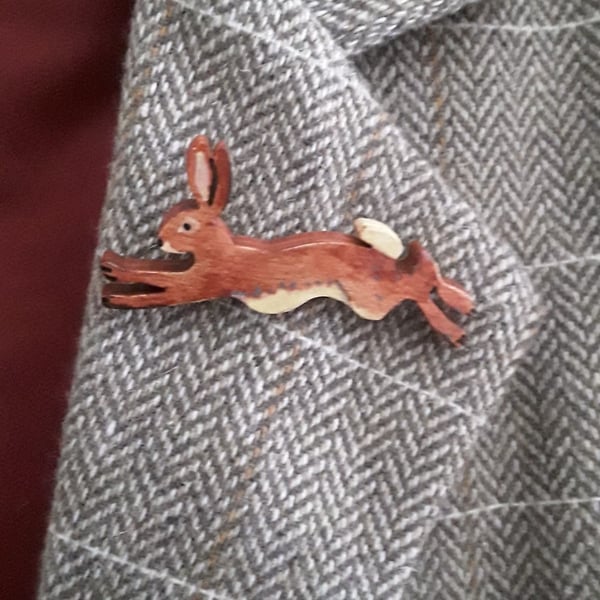 Handmade  Wooden Running Hare brooch 