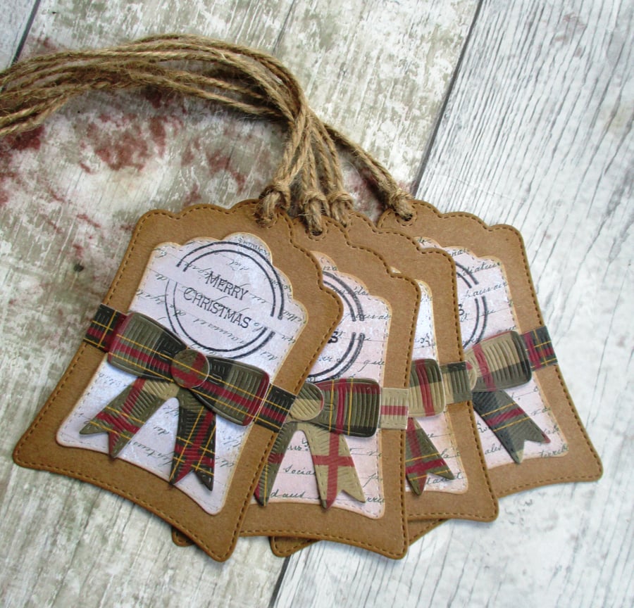 Christmas tartan bow gift tags, luggage tags set of 4