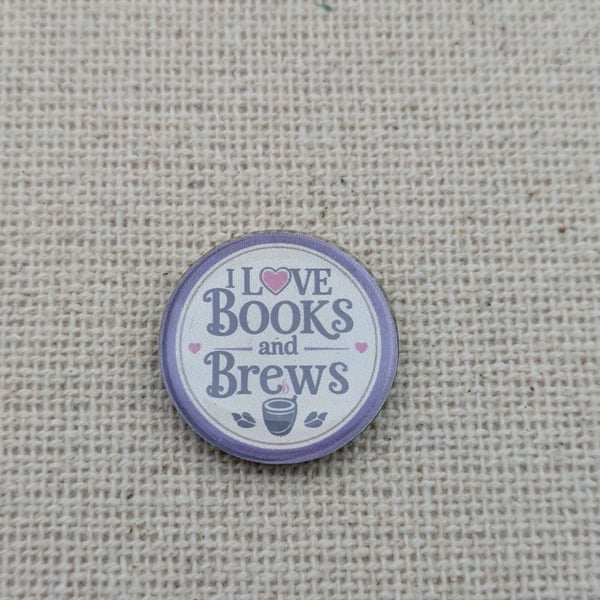 I Love Books and Brews - Book Lover Magnet - Resin Finished - Purple & White