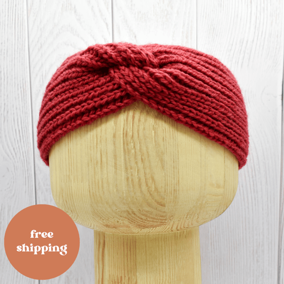 Hand Knitted headband ear warmers in brick red wool adult M